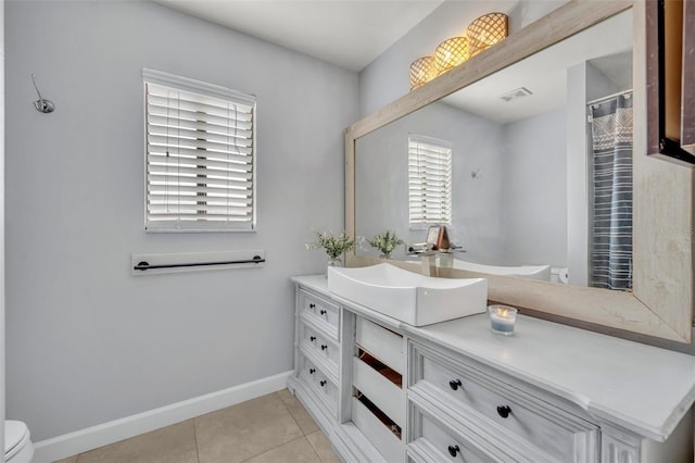 bathroom with vanity, toilet, and tile patterned floors