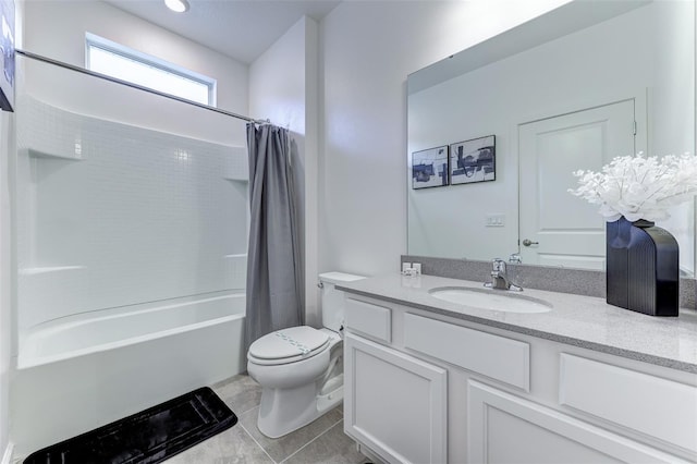 full bathroom with vanity, toilet, tile patterned floors, and shower / bathtub combination with curtain