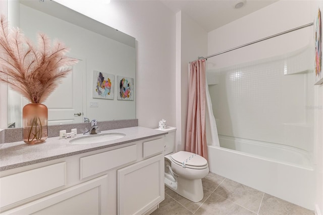 full bathroom with vanity, toilet, shower / tub combo, and tile patterned floors