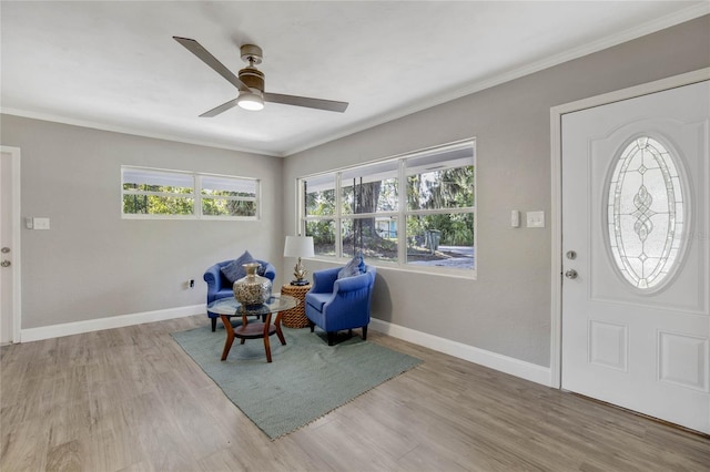 interior space featuring a wealth of natural light, light hardwood / wood-style flooring, ceiling fan, and ornamental molding