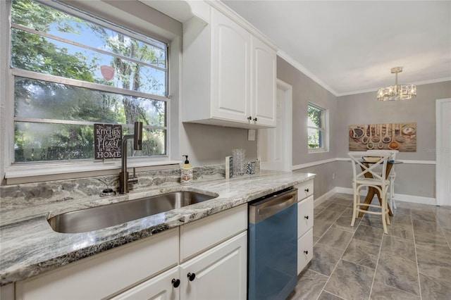 kitchen featuring light tile patterned floors, light stone counters, stainless steel dishwasher, and sink