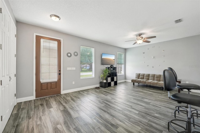 office area featuring ceiling fan and hardwood / wood-style flooring