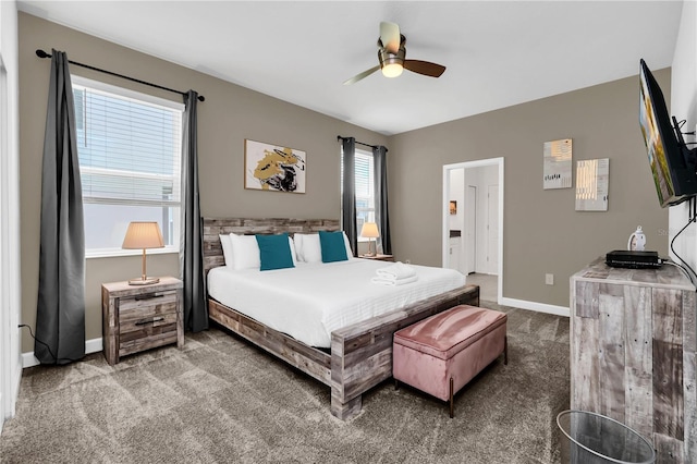 bedroom with ceiling fan and carpet floors