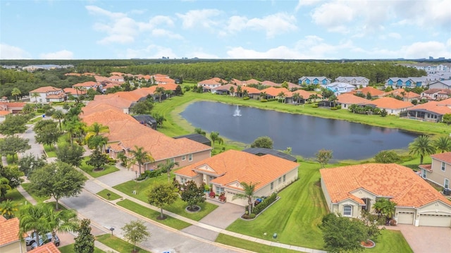 birds eye view of property featuring a water view and a residential view