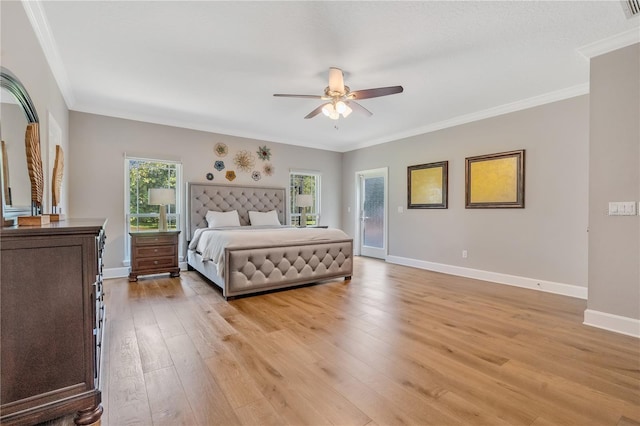 bedroom with access to outside, ceiling fan, crown molding, and light hardwood / wood-style floors