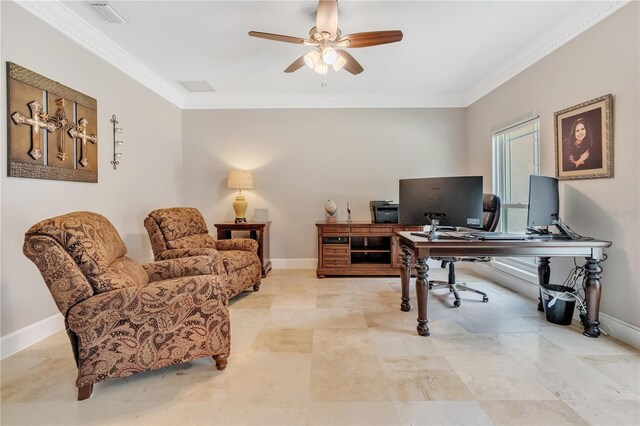 office featuring ceiling fan and crown molding