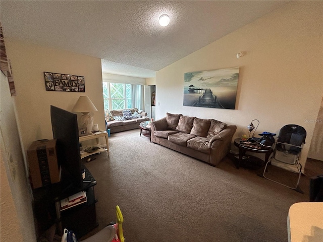 living room featuring vaulted ceiling, a textured ceiling, and carpet flooring