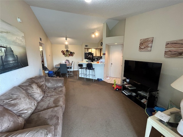 living room featuring dark colored carpet, lofted ceiling, and a textured ceiling