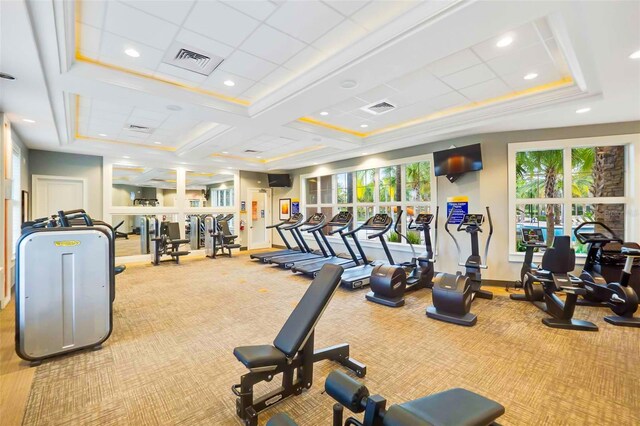 exercise room featuring a tray ceiling, coffered ceiling, a paneled ceiling, and carpet flooring