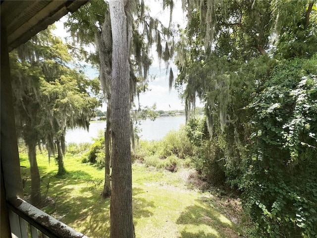 view of yard with a water view