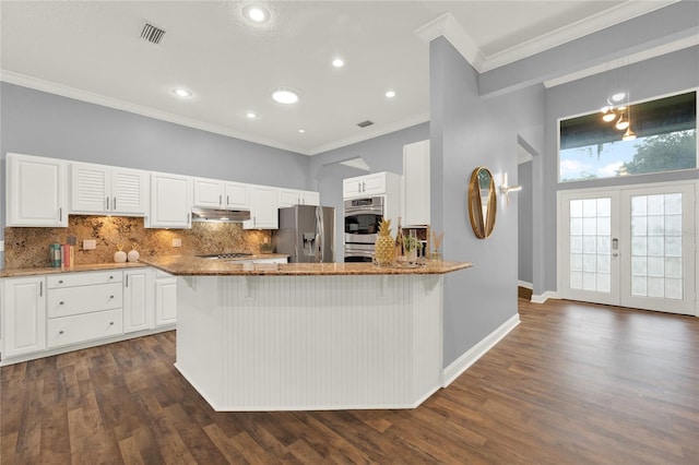 kitchen with white cabinetry, stainless steel appliances, tasteful backsplash, light stone countertops, and kitchen peninsula