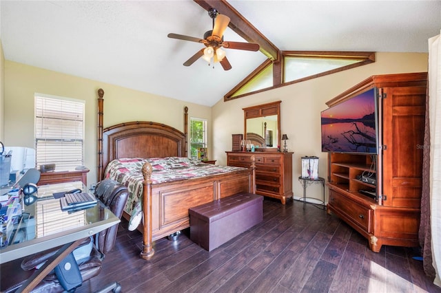 bedroom with dark hardwood / wood-style flooring, ceiling fan, multiple windows, and vaulted ceiling with beams