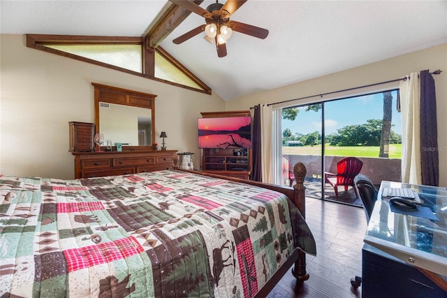 bedroom featuring ceiling fan, hardwood / wood-style flooring, access to outside, and vaulted ceiling with beams