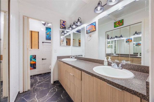 bathroom featuring crown molding, vanity, and toilet