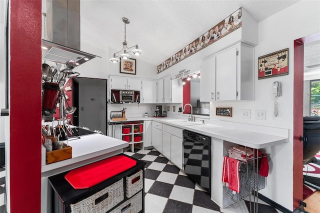 kitchen featuring sink, decorative light fixtures, white cabinetry, ventilation hood, and dishwasher