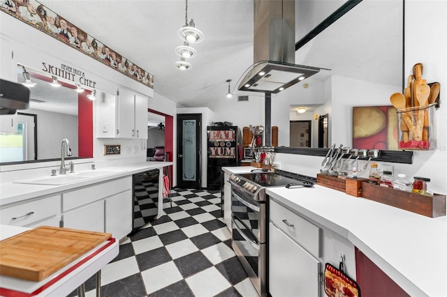 kitchen with dishwasher, stainless steel range with electric cooktop, white cabinets, and island range hood