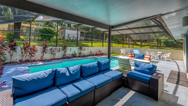 view of patio / terrace featuring a fenced in pool, outdoor lounge area, and a lanai