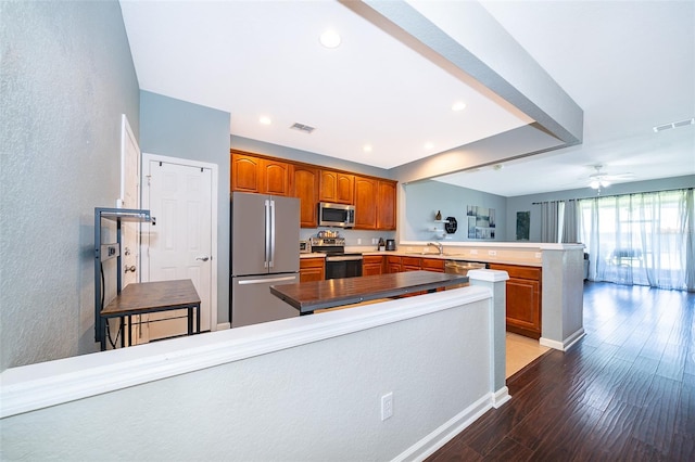 kitchen with ceiling fan, sink, dark hardwood / wood-style flooring, kitchen peninsula, and appliances with stainless steel finishes