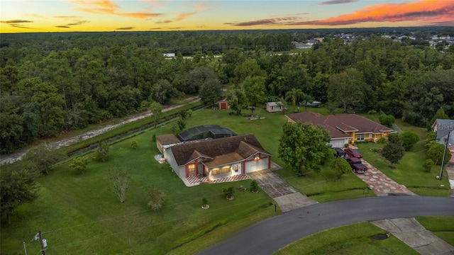 view of aerial view at dusk