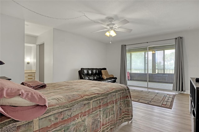 bedroom with light hardwood / wood-style flooring, ceiling fan, and access to outside