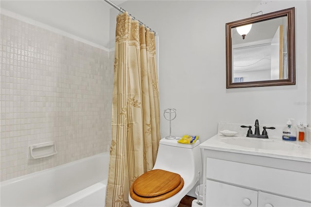 full bathroom with vanity, toilet, and shower / bath combo with shower curtain