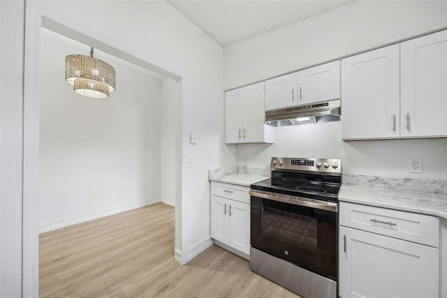 kitchen featuring white cabinetry, stainless steel range with electric cooktop, pendant lighting, and light wood-type flooring