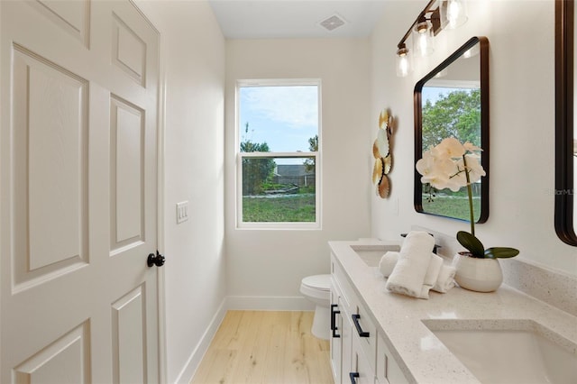 bathroom featuring plenty of natural light, wood-type flooring, toilet, and vanity