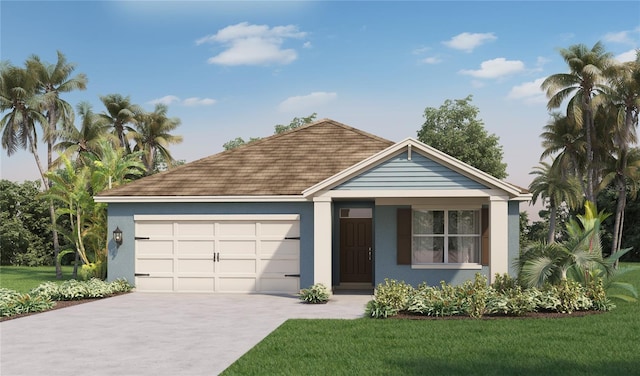 view of front of house with a garage and a front lawn