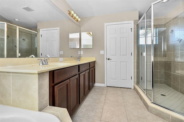 bathroom with a sink, visible vents, tile patterned floors, double vanity, and a stall shower