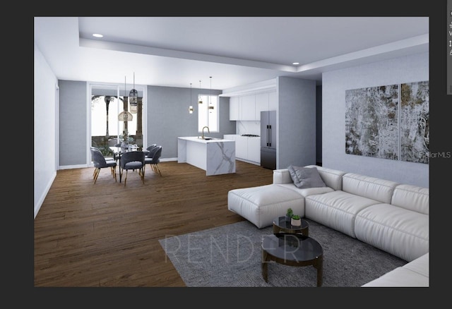 living room with sink and dark hardwood / wood-style flooring