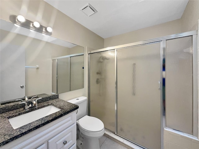 bathroom with tile patterned floors, visible vents, a shower stall, and vanity