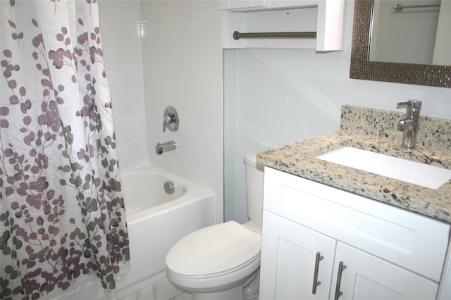 full bath featuring shower / bath combination with curtain, toilet, and vanity