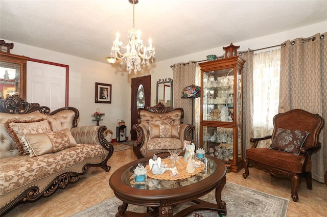 sitting room featuring a notable chandelier and a textured ceiling