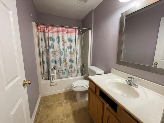 full bathroom featuring toilet, vanity, baseboards, tile patterned floors, and shower / bathtub combination with curtain