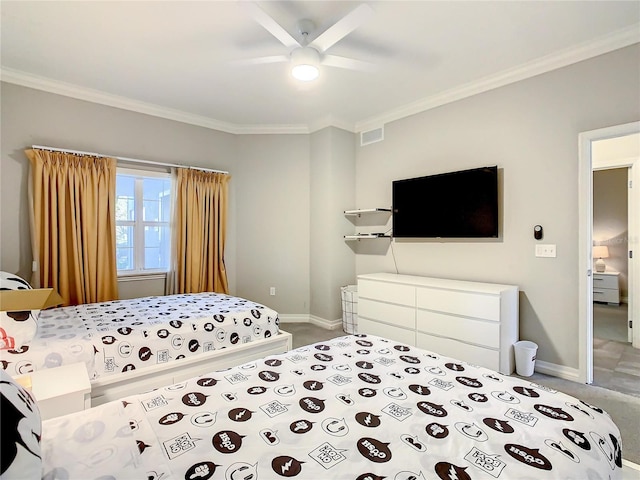 bedroom featuring visible vents, baseboards, crown molding, and carpet