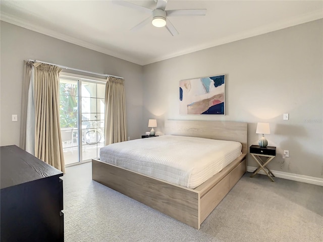 bedroom featuring ornamental molding, access to exterior, ceiling fan, and carpet flooring