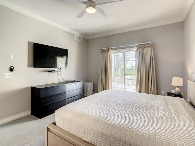 carpeted bedroom featuring visible vents, ornamental molding, a ceiling fan, access to outside, and baseboards