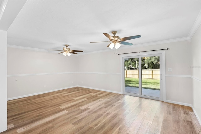 spare room with light hardwood / wood-style flooring, ceiling fan, and ornamental molding