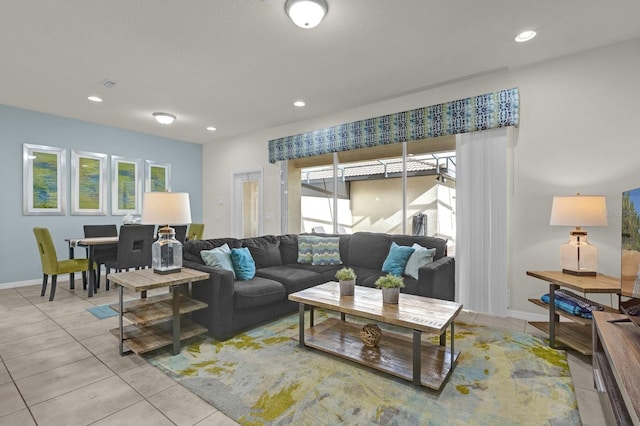 living room featuring light tile patterned flooring