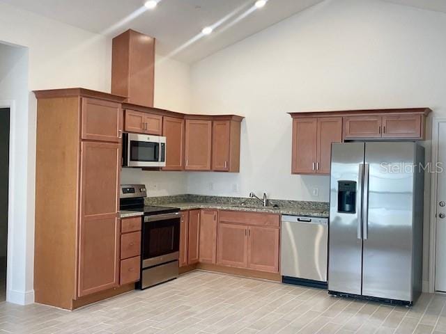 kitchen with high vaulted ceiling, appliances with stainless steel finishes, sink, and stone counters