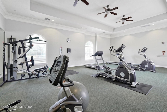 exercise room featuring ceiling fan, a raised ceiling, and crown molding