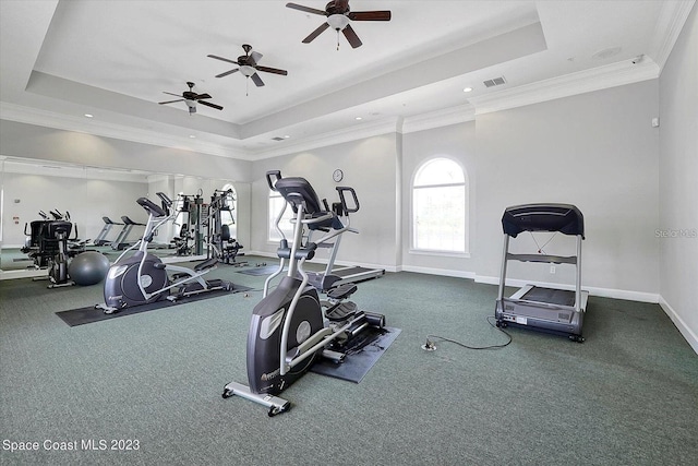 gym featuring crown molding, a raised ceiling, ceiling fan, and carpet