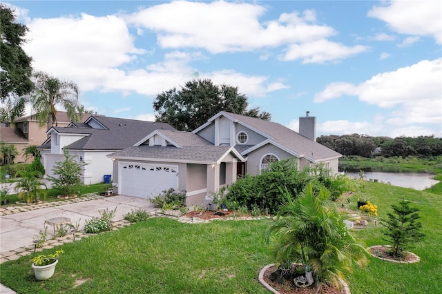 view of front facade with a garage, a front yard, and a water view