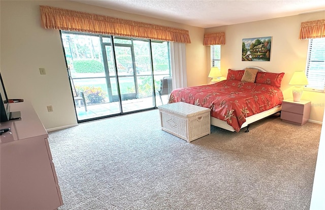 carpeted bedroom featuring a textured ceiling and access to exterior