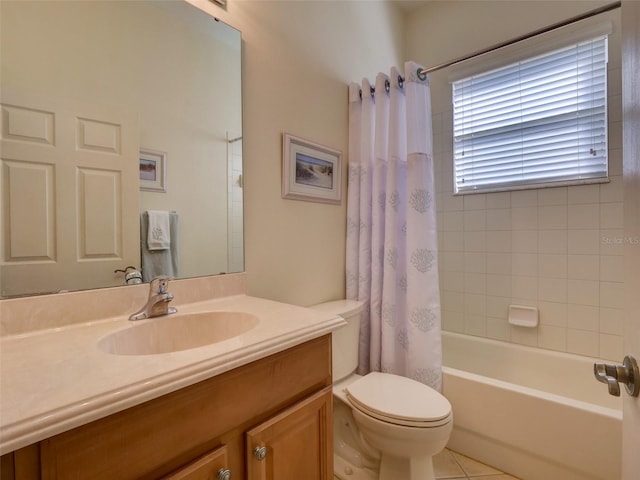 full bathroom featuring vanity, toilet, shower / bath combination with curtain, and tile patterned floors