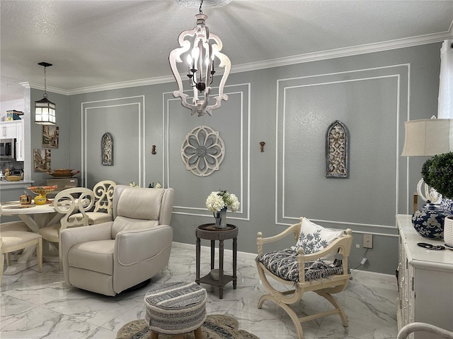 living room featuring a textured ceiling, crown molding, and a chandelier