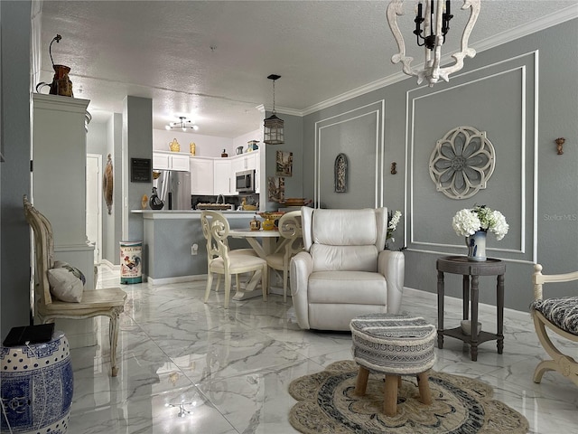 living room featuring a textured ceiling and crown molding