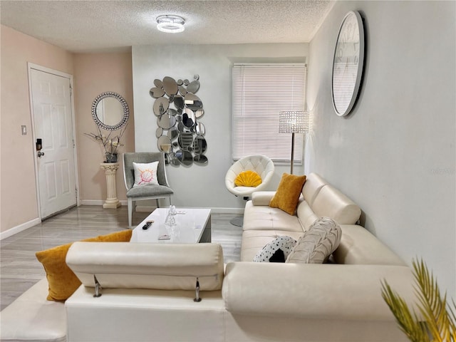 living room featuring a textured ceiling, baseboards, and wood finished floors