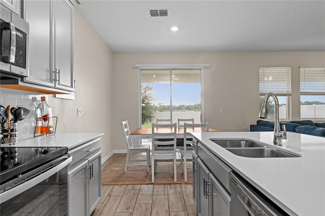 kitchen featuring light wood-type flooring, appliances with stainless steel finishes, plenty of natural light, and sink