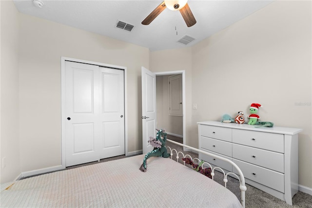 bedroom with a closet, ceiling fan, and carpet